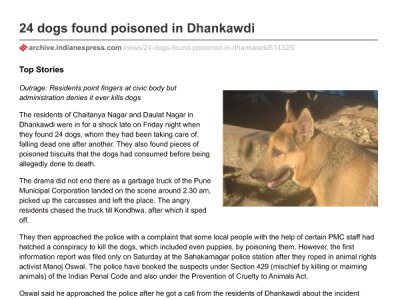 24 dogs found poisoned in Dhankawdi