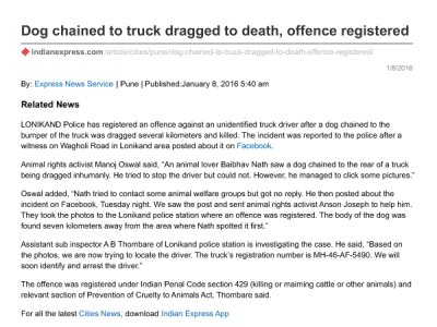 Dog chained to truck dragged to death, offence registered