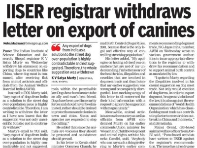 IISER withdraws letter on export of canines