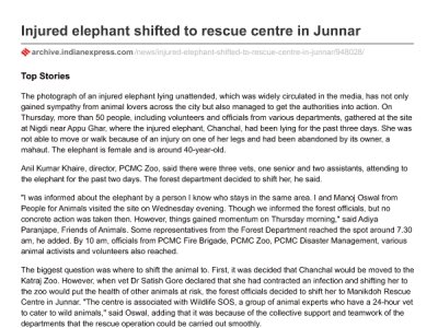 Injured Elephant shifted to rescue center in Junnar